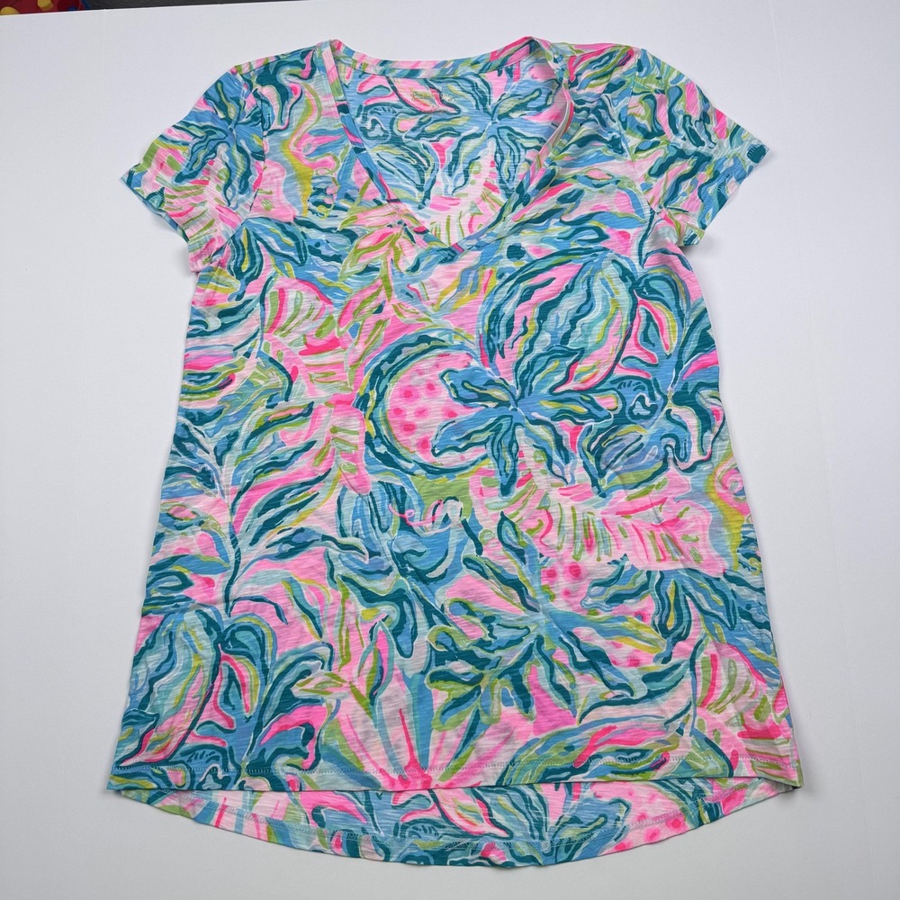 Lilly Pulitzer Shirt Womens XS Multicolor Skipper V Neck Tropical Print Tee